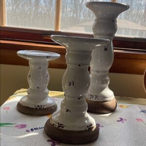 Distressed White Ceramic Candle Holders Set - Rustic Home Accent